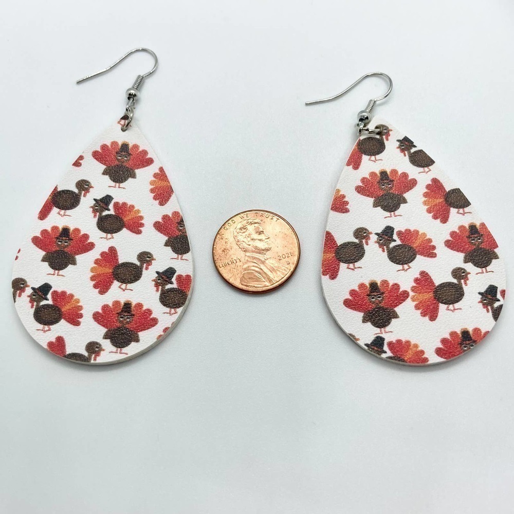 Faux Leather Teardrop Turkey Print Earrings - Picture 4 of 5